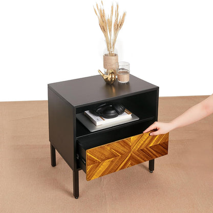 Solid Wood Herringbone Nightstand with Drawer & Open Shelf
