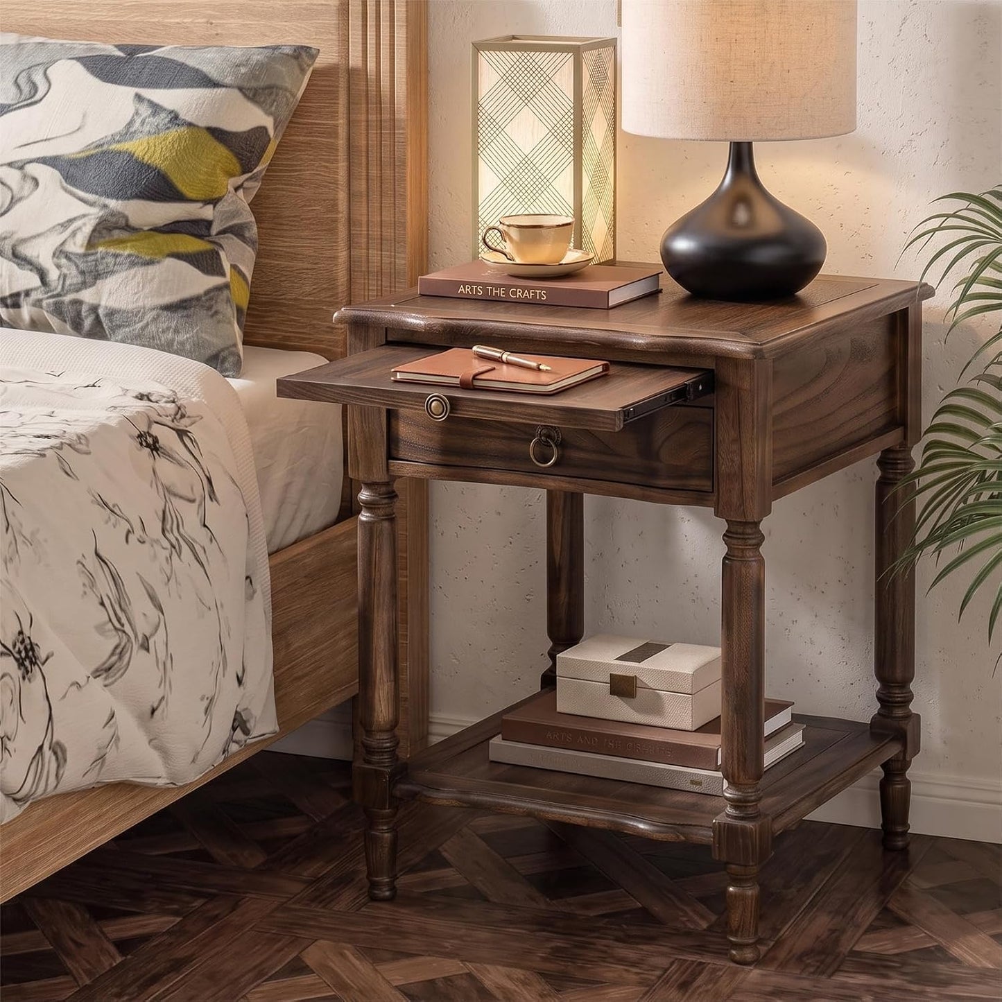 Walnut Spindle End Table with Drawer Charging Station and Pull Out Shelf