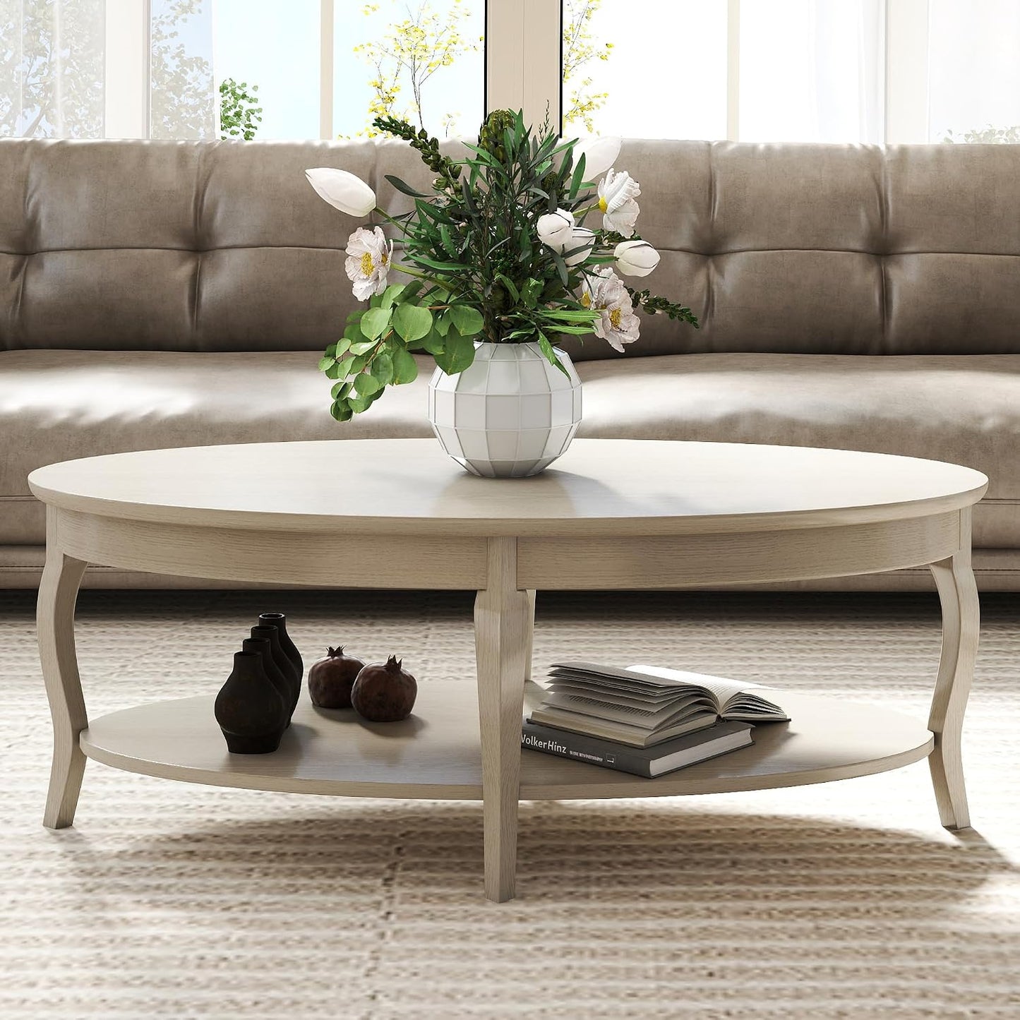 Oval Solid Wood Coffee Table with Lower Storage Shelf Antique White