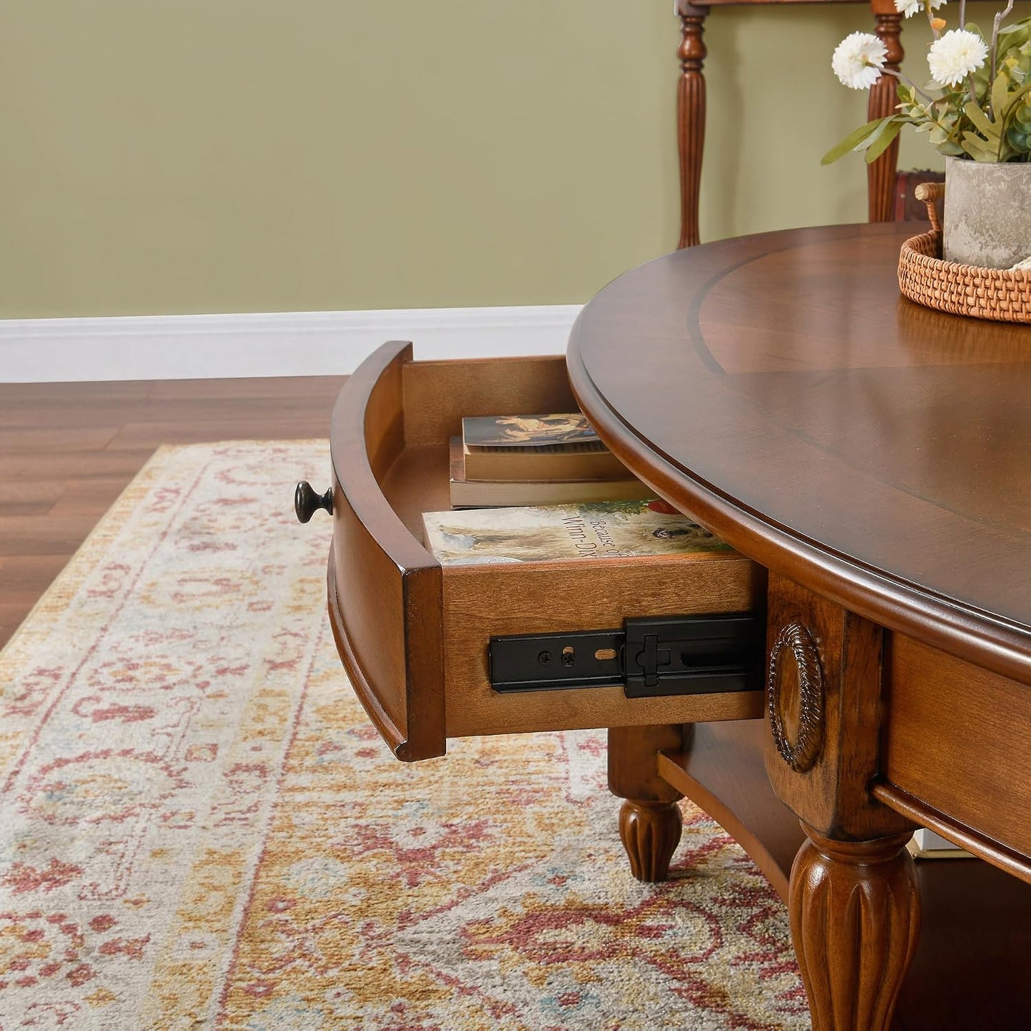 Solid Wood Coffee Table with Drawer Caramel Brown Storage Table