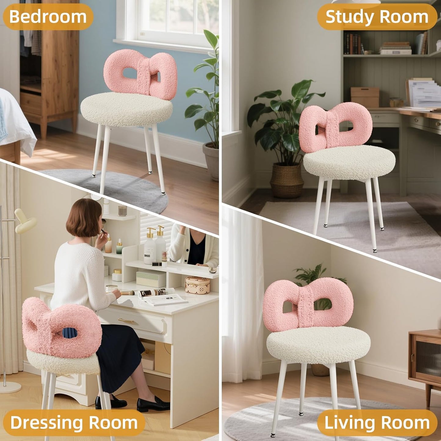 Pink Bow Vanity Chair Swivel Upholstered Makeup Chair with Metal Legs
