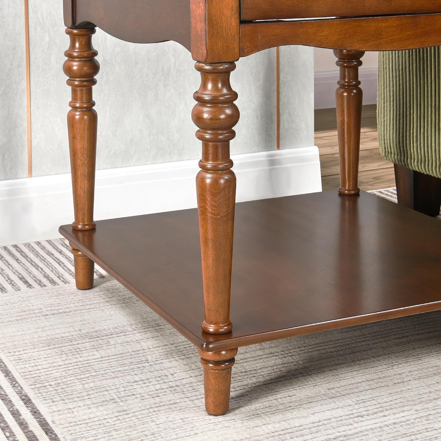 Large Solid Wood End Table Caramel Brown with Drawer and Storage Shelf