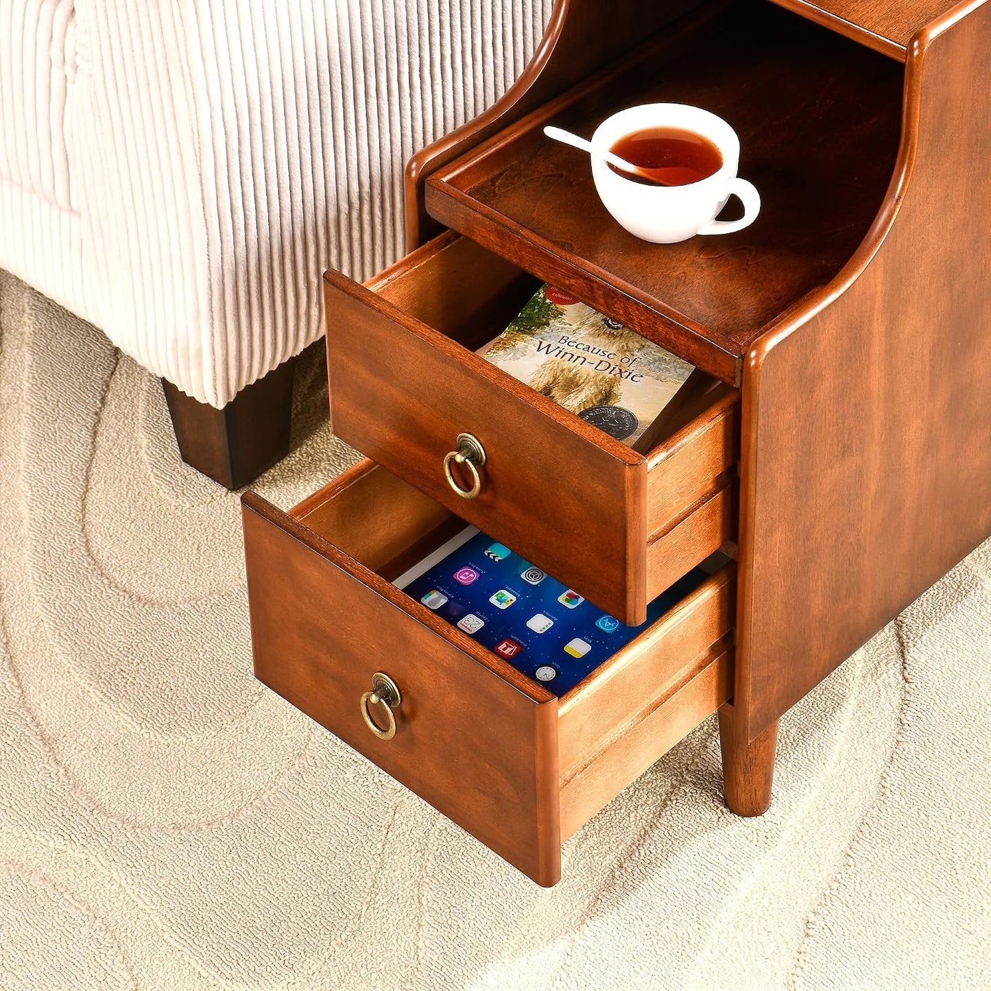 Solid Wood Narrow End Table with 2 Drawers Pull Out Tray