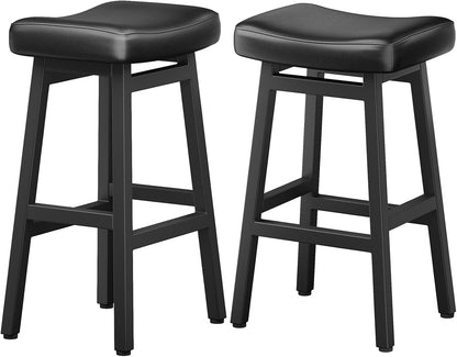 29 Inch Black Bar Height Stools Set of 2 Bonded Leather Saddle Seats
