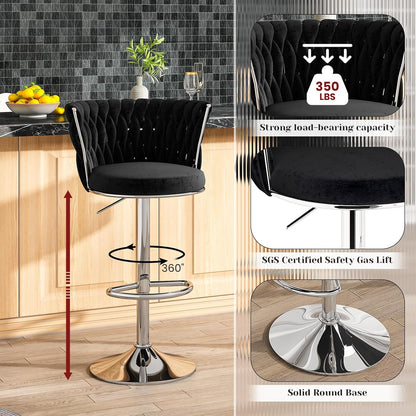 Black Velvet Swivel Bar Stools with Tufted Back Adjustable Height Set of 2
