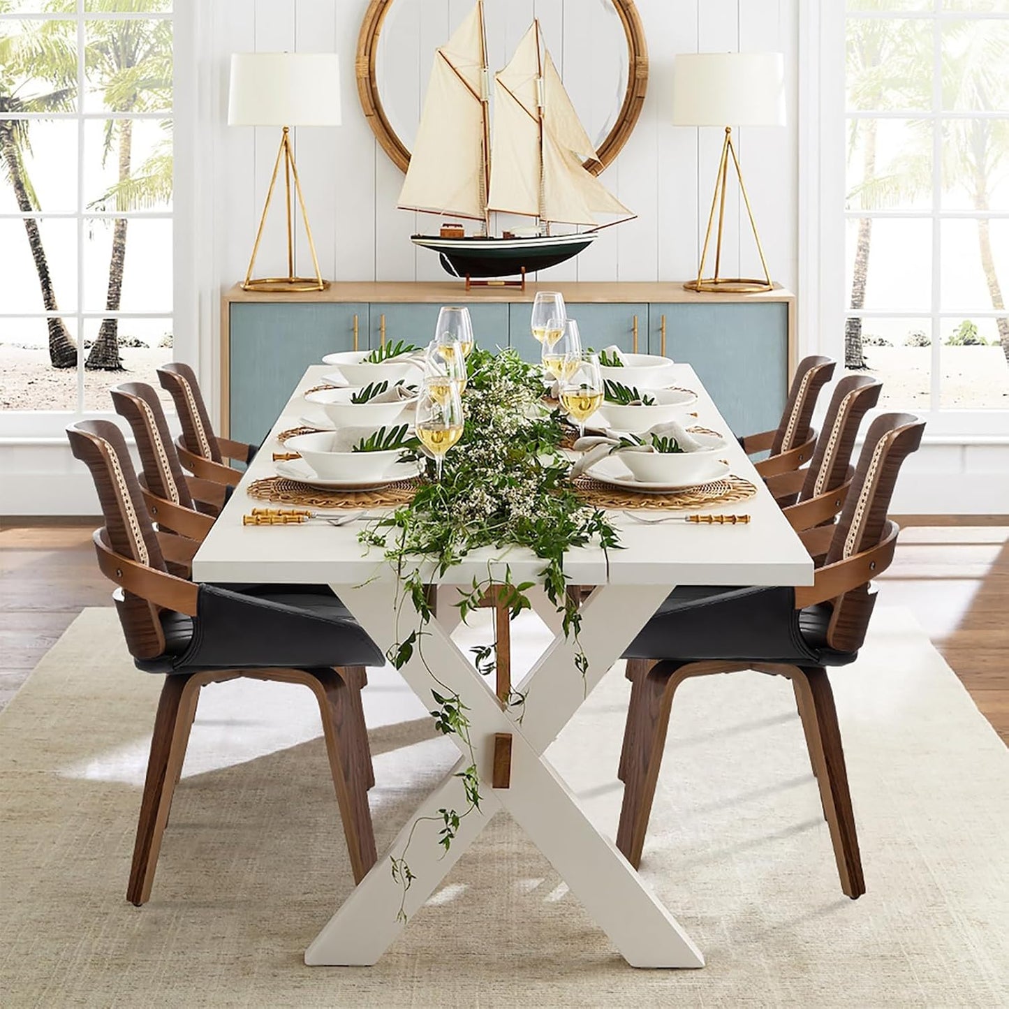 Walnut Rattan Dining Chair with Cane Back Black Upholstered Seat and Arms