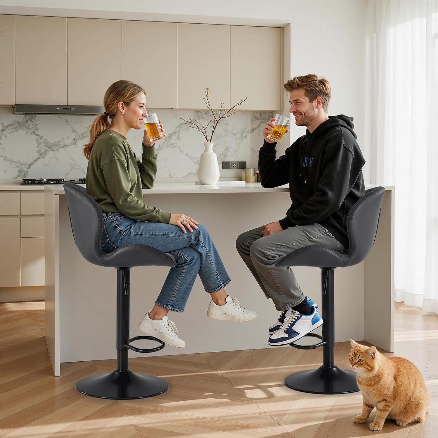 Adjustable Swivel Bar Stools Set of 2 Upholstered Kitchen Island Chairs