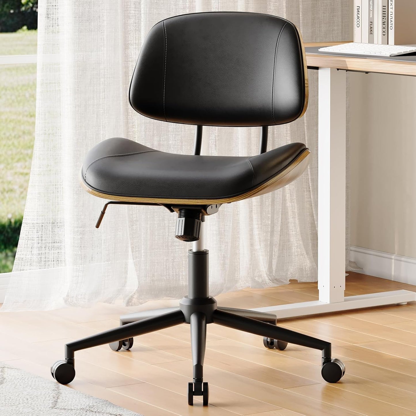 Black PU Leather Office Chair Armless Swivel Desk Chair with Walnut Back and Wheels