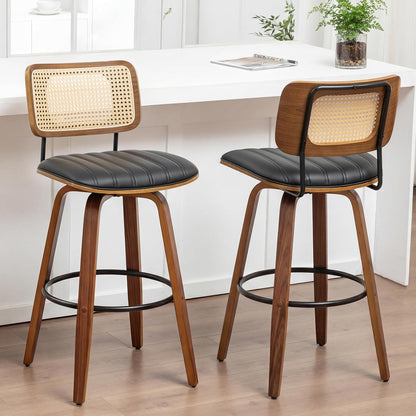Walnut Rattan Counter Stool with Cane Back Grey Fabric Seat 26 Inch