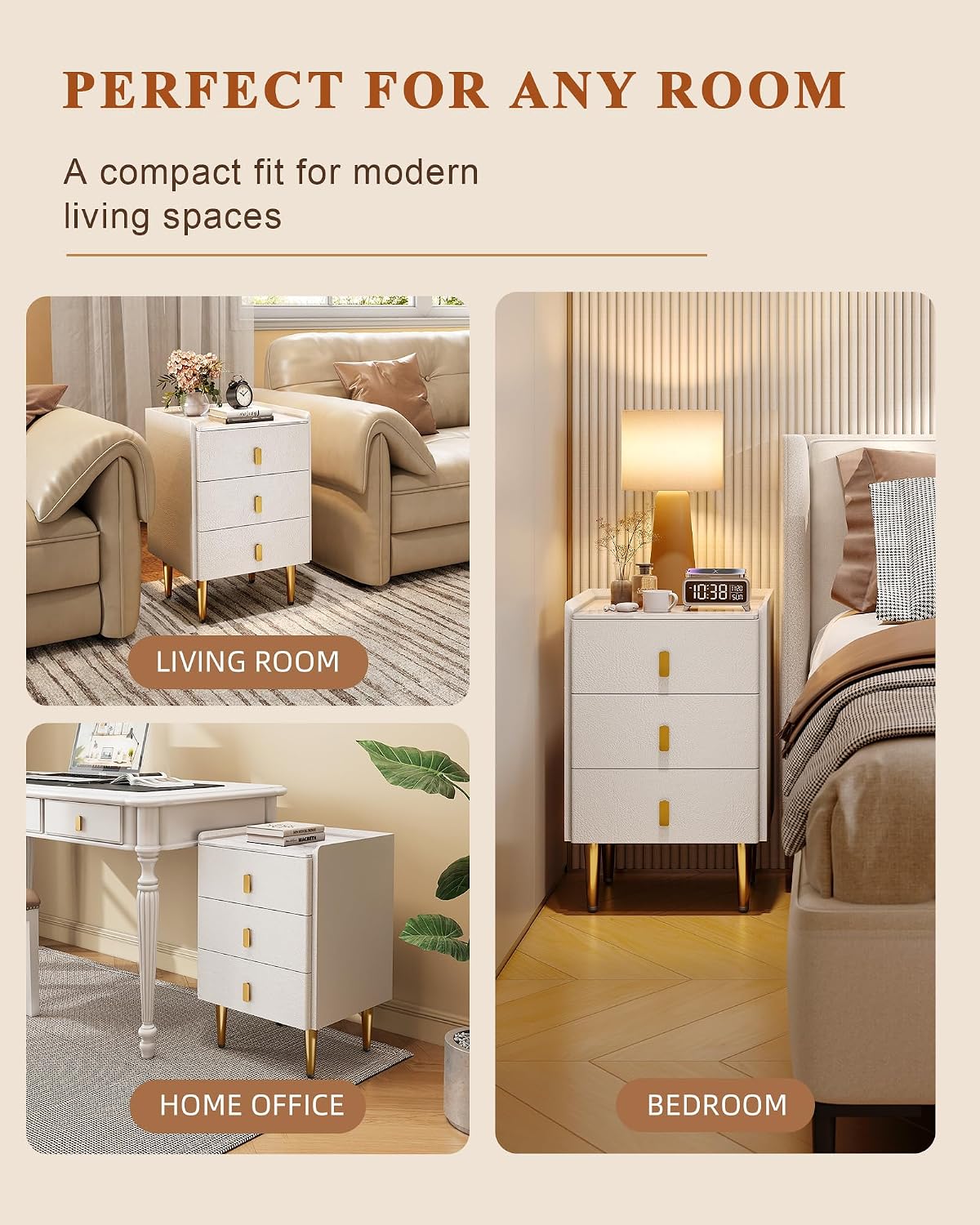 White Narrow Nightstand with 3 Drawers Sintered Stone Top Bedside Table