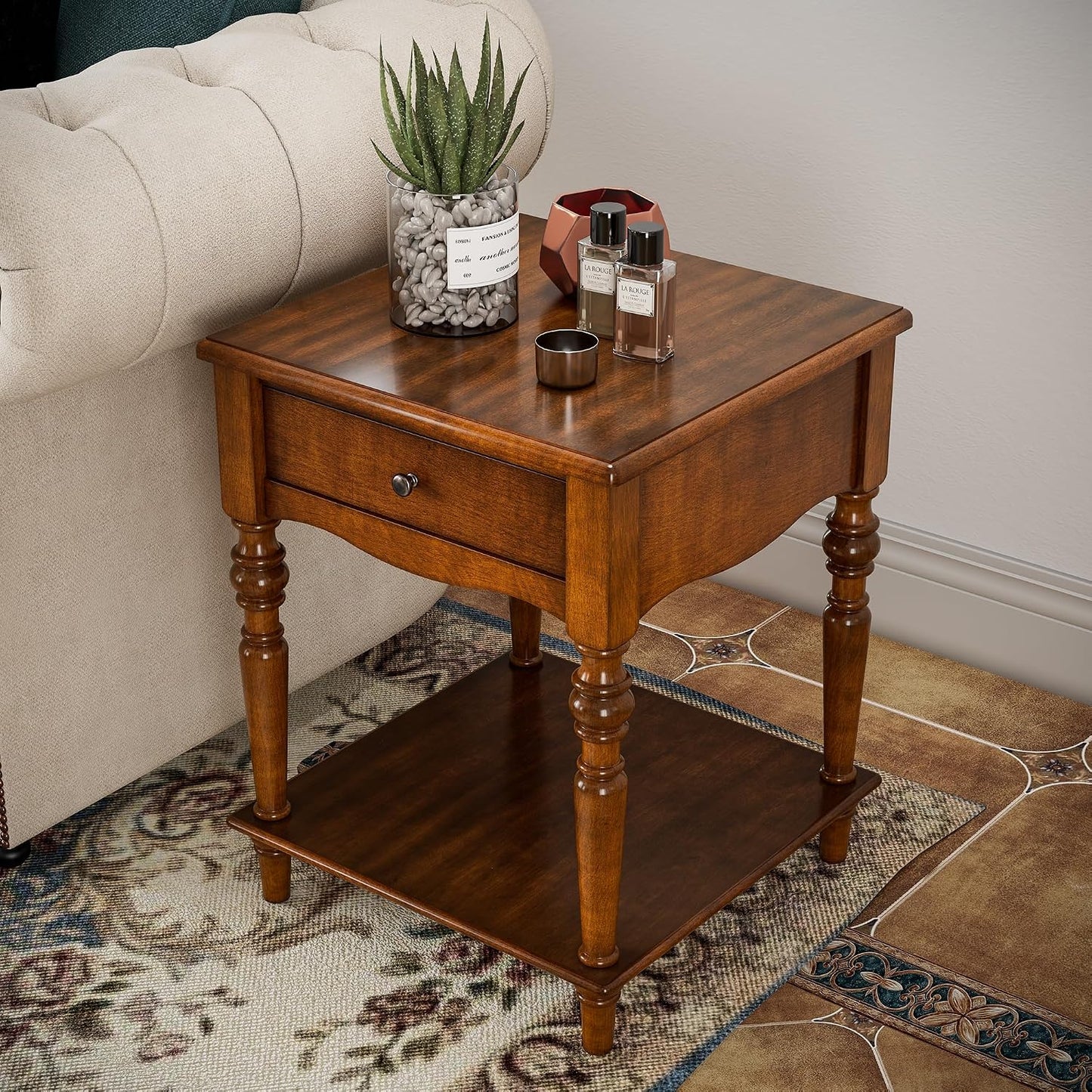 Solid Wood End Table Caramel Brown with Drawer and Storage Shelf Vintage Nightstand