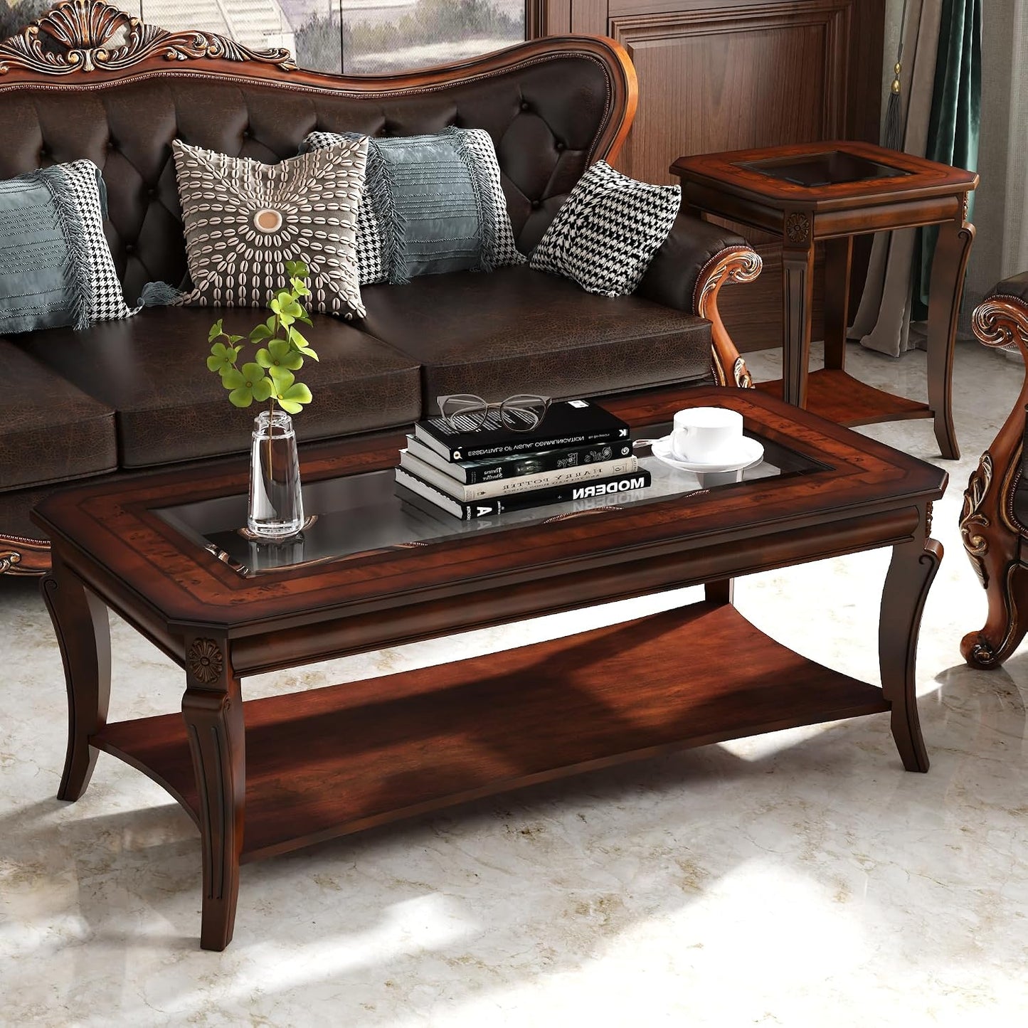 Solid Wood Glass Top Coffee Table Cherry Brown with Storage Shelf Classic Farmhouse Table