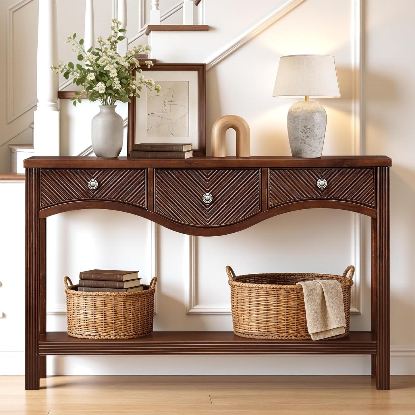 Scalloped Wood Console Table with 3 Drawers Narrow Espresso Entryway Table