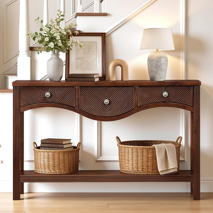 Scalloped Wood Console Table with 3 Drawers Narrow Espresso Entryway Table