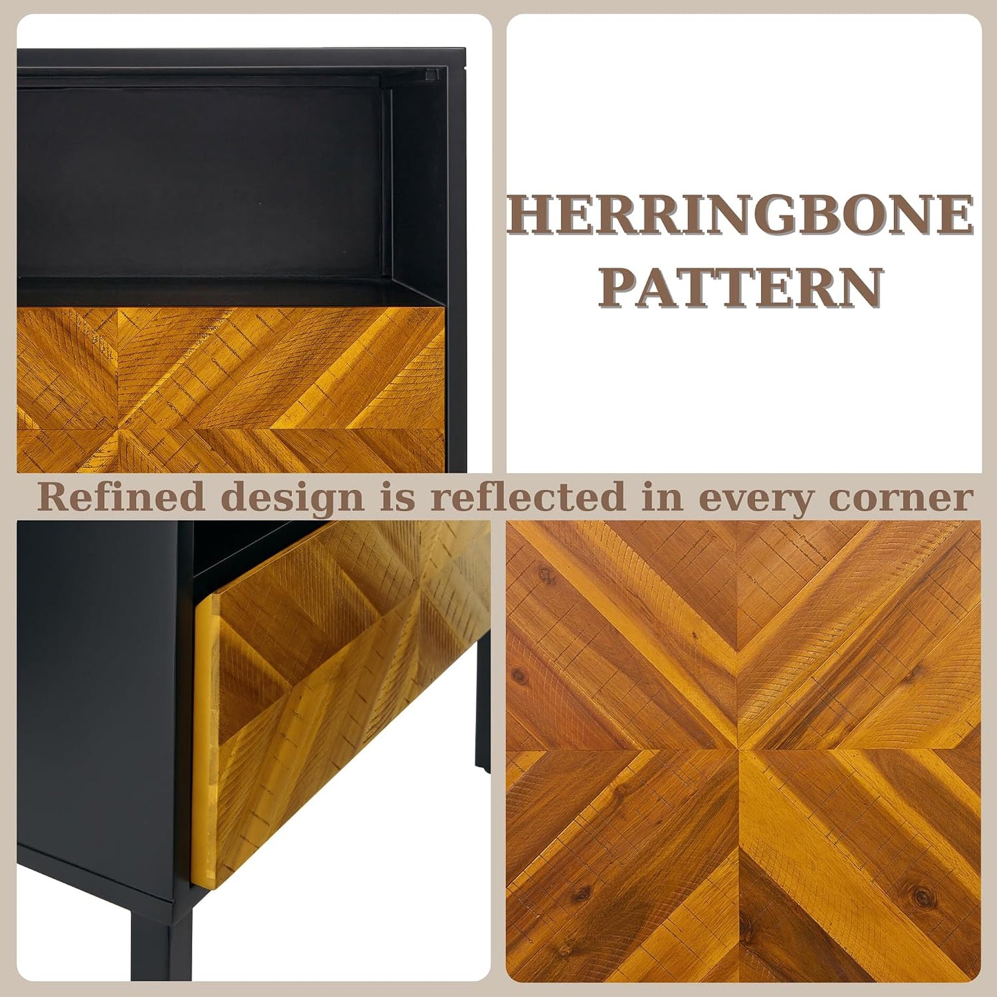 Solid Wood Herringbone Nightstand with Drawer & Open Shelf