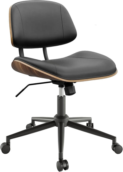 Black PU Leather Office Chair Armless Swivel Desk Chair with Walnut Back and Wheels