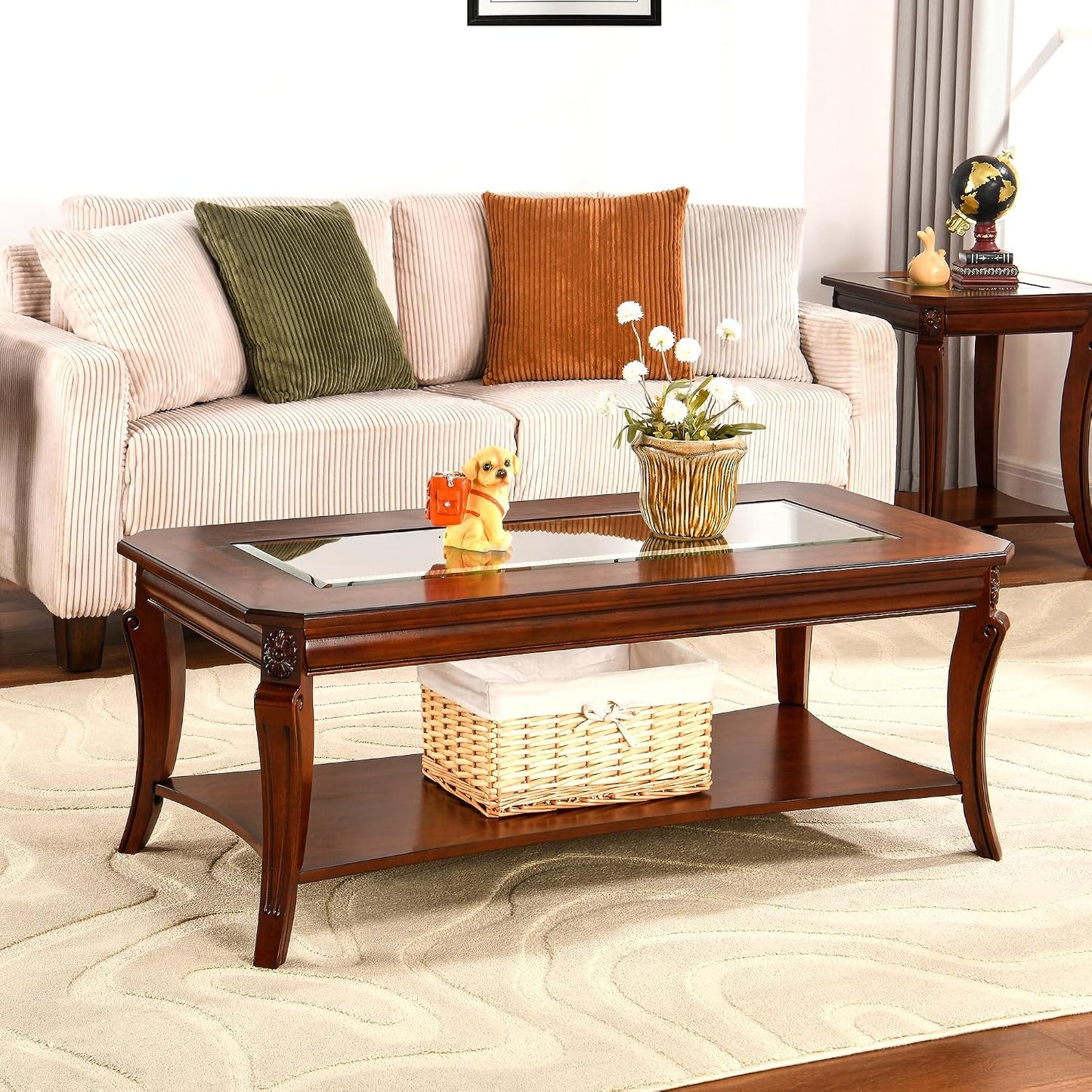 Solid Wood Glass Top Coffee Table Cherry Brown with Storage Shelf Classic Farmhouse Table