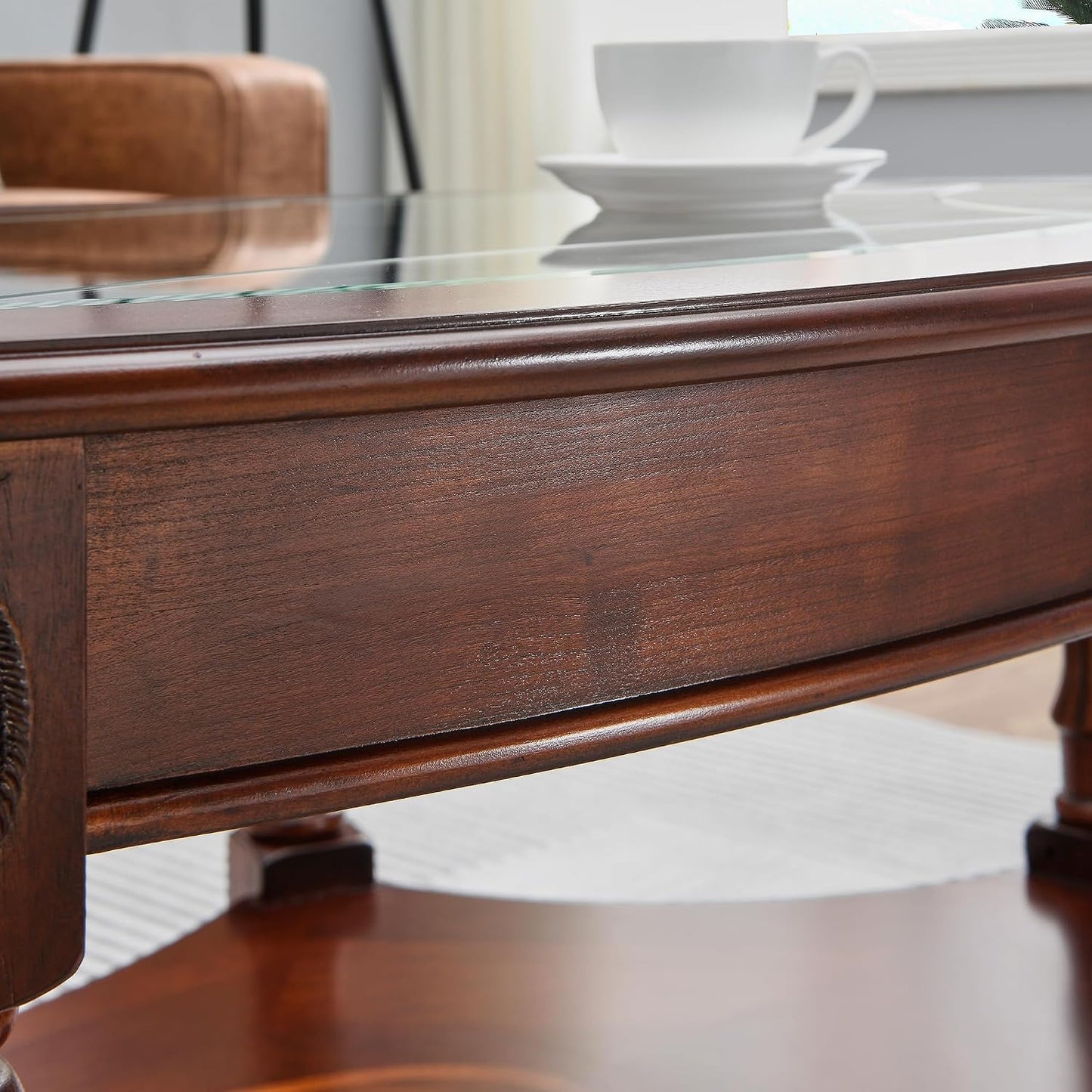 Victorian Oval Solid Wood Coffee Table with Glass Top Cherry Walnut