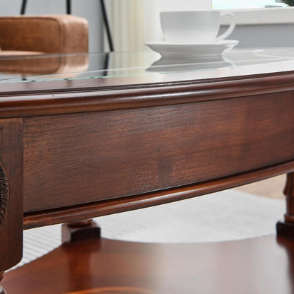 Victorian Oval Solid Wood Coffee Table with Glass Top Cherry Walnut