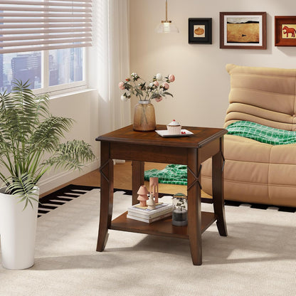 Solid Wood Square End Table with Lower Storage Shelf Cherry Walnut