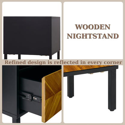 Solid Wood Herringbone Nightstand with Drawer & Open Shelf