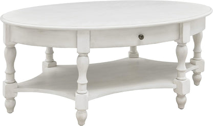 Victorian Oval Solid Wood Coffee Table with Drawer Grey White Storage Table