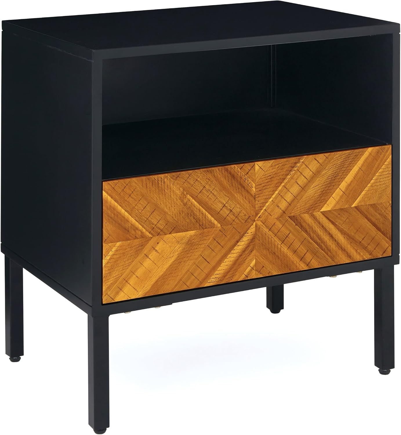 Solid Wood Herringbone Nightstand with Drawer & Open Shelf