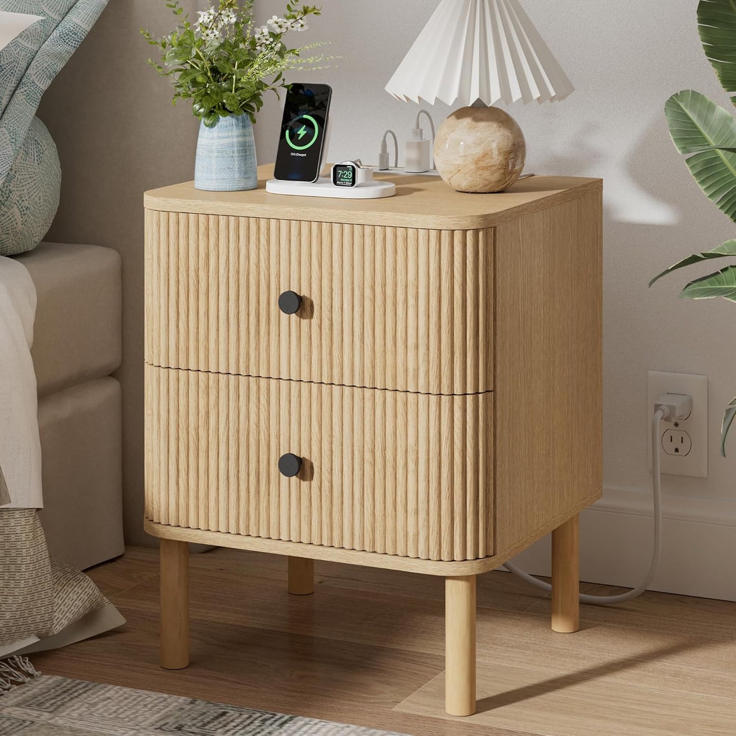 Modern Fluted Nightstand with Charging Station & 2 Drawers