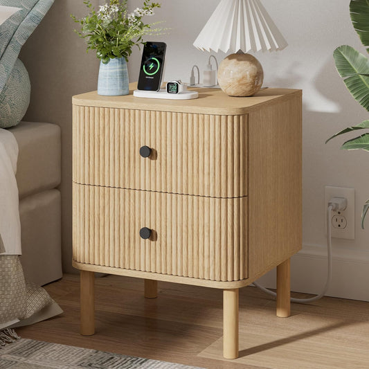 Modern Fluted Nightstand with Charging Station & 2 Drawers