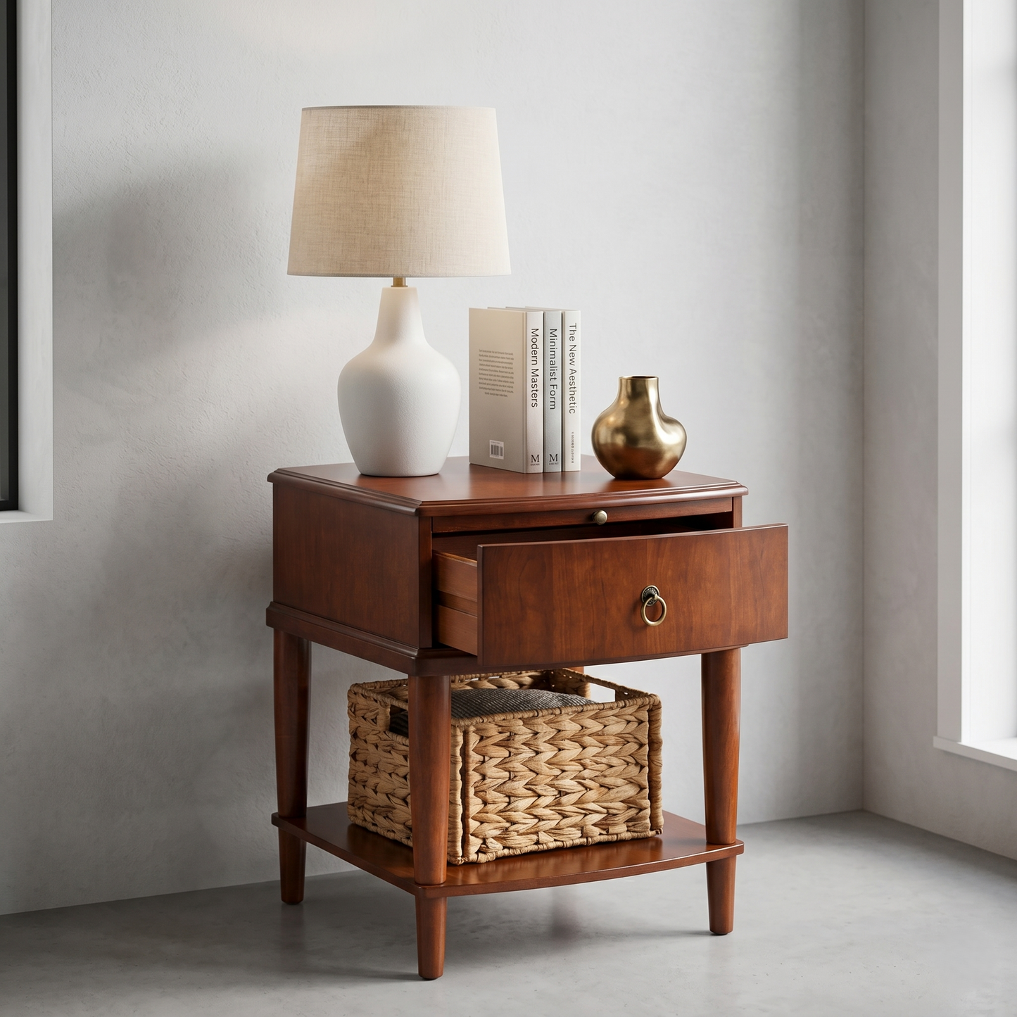 Vintage Solid Wood End Table with Drawer, Sliding Shelf & Lower Storage