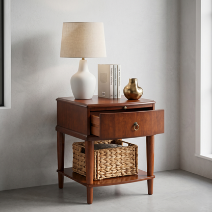 Vintage Solid Wood End Table with Drawer, Sliding Shelf & Lower Storage