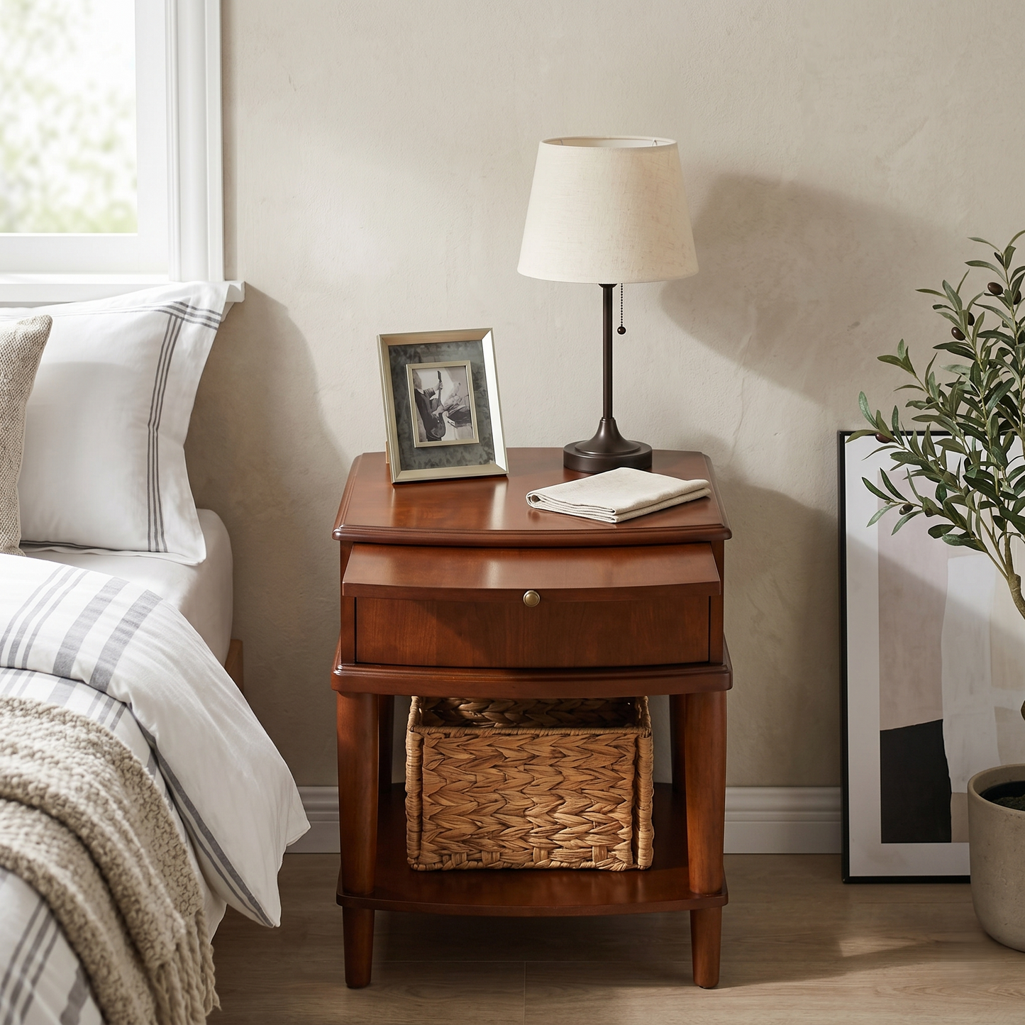 Vintage Solid Wood End Table with Drawer, Sliding Shelf & Lower Storage