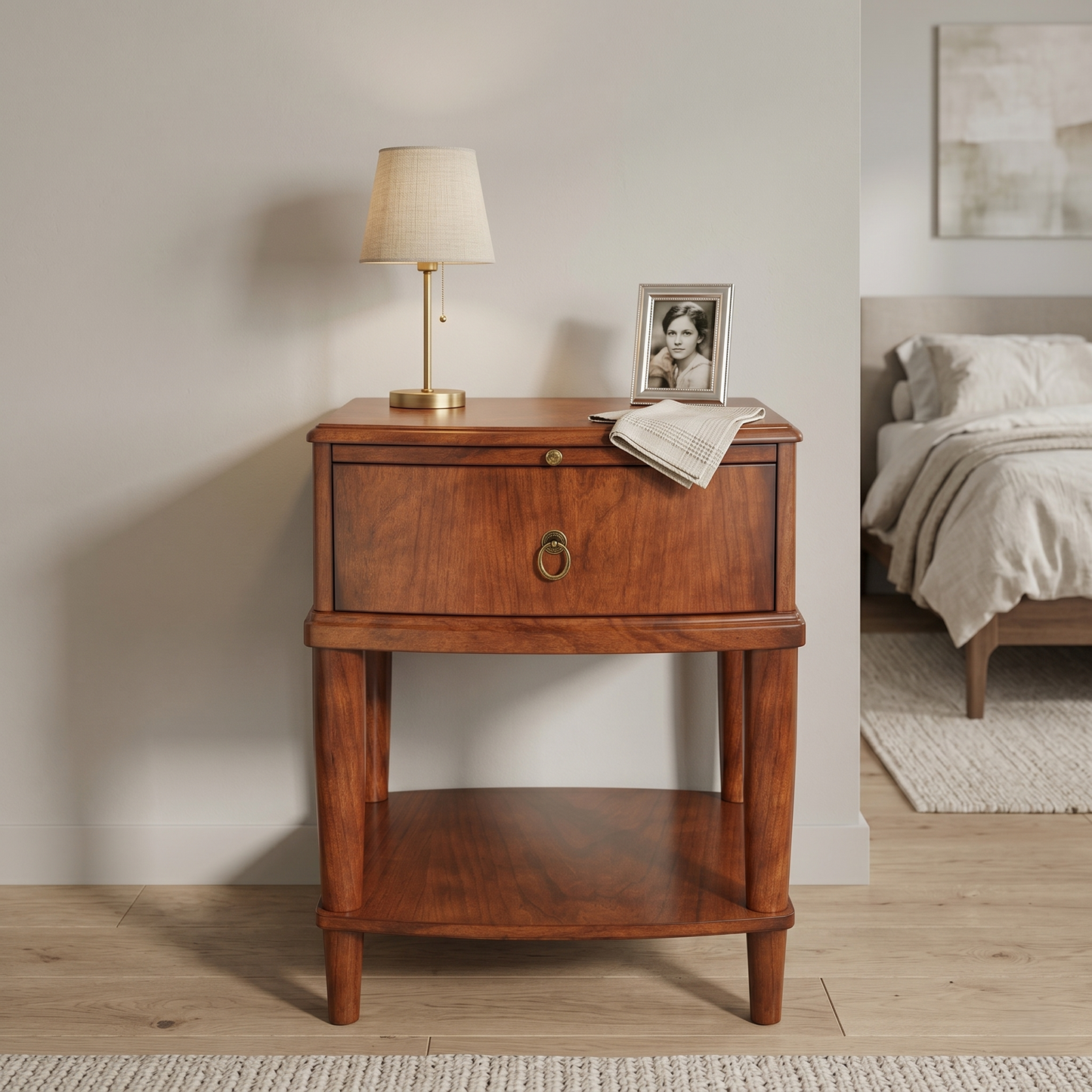 Vintage Solid Wood End Table with Drawer, Sliding Shelf & Lower Storage