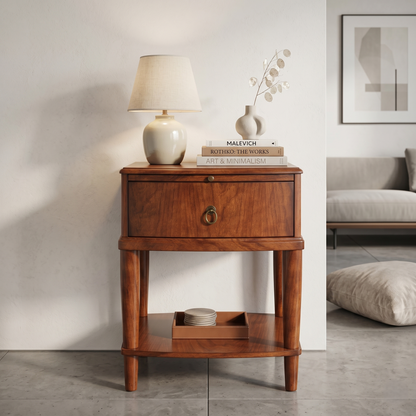 Vintage Solid Wood End Table with Drawer, Sliding Shelf & Lower Storage