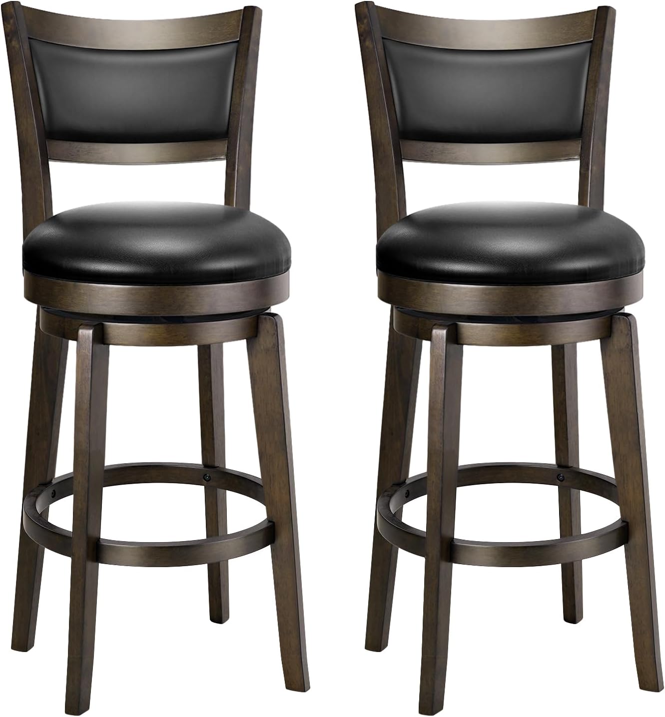 Swivel Counter Height Bar Stools Black Faux Leather Wood Set of 2