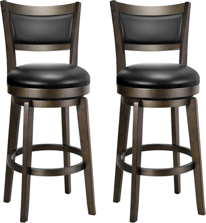 Swivel Counter Height Bar Stools Black Faux Leather Wood Set of 2