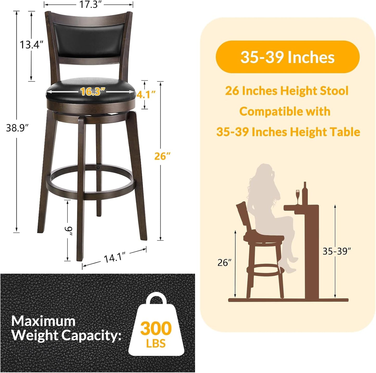 Swivel Counter Height Bar Stools Black Faux Leather Wood Set of 2