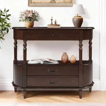 Solid Wood Console Table with Drawers Cherry Half Moon Entryway Table