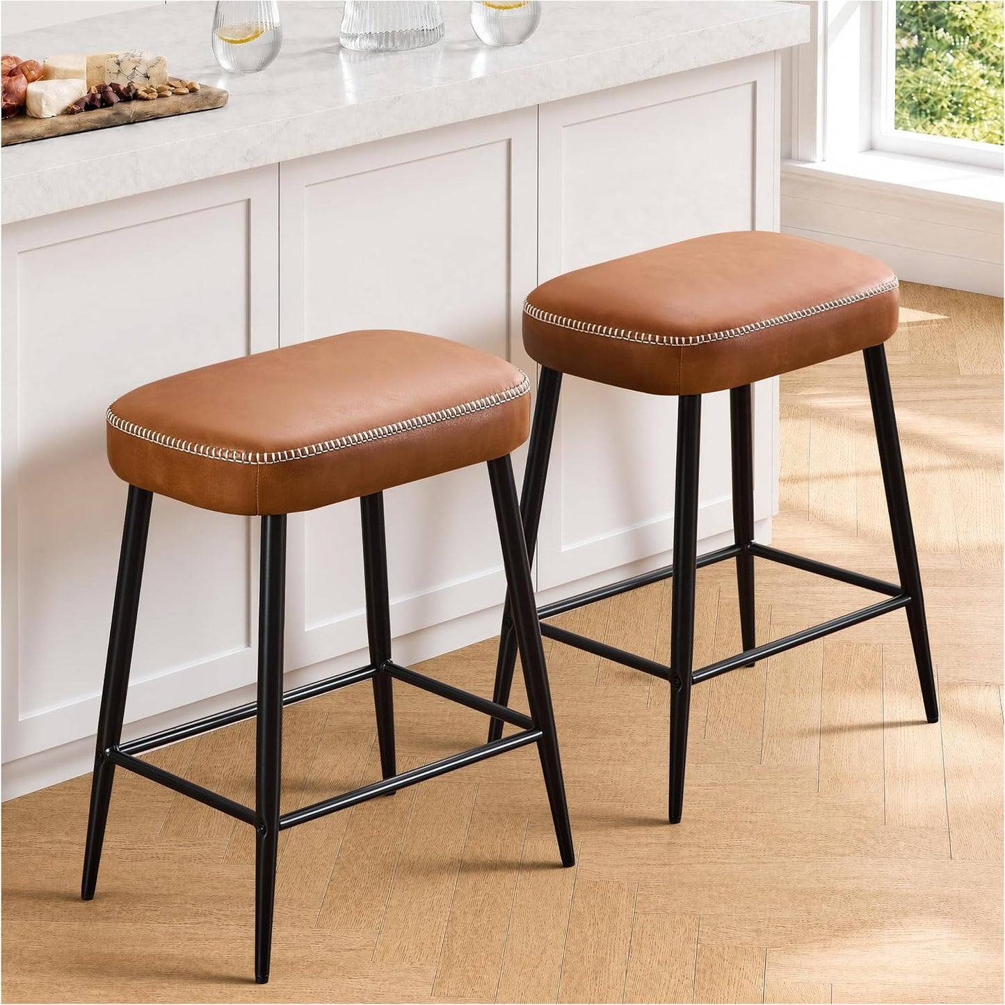 Black Counter Height Bar Stools Set of 2 Upholstered Saddle Seats