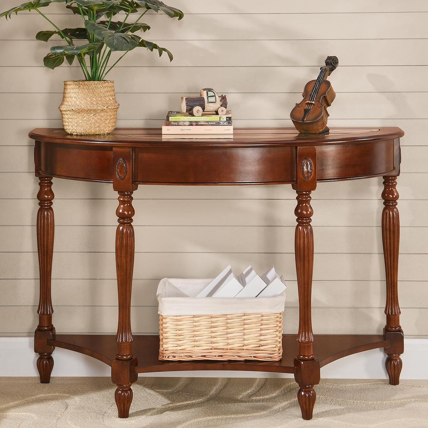 Solid Wood Demi Lune Console Table with Drawer and Storage Shelf