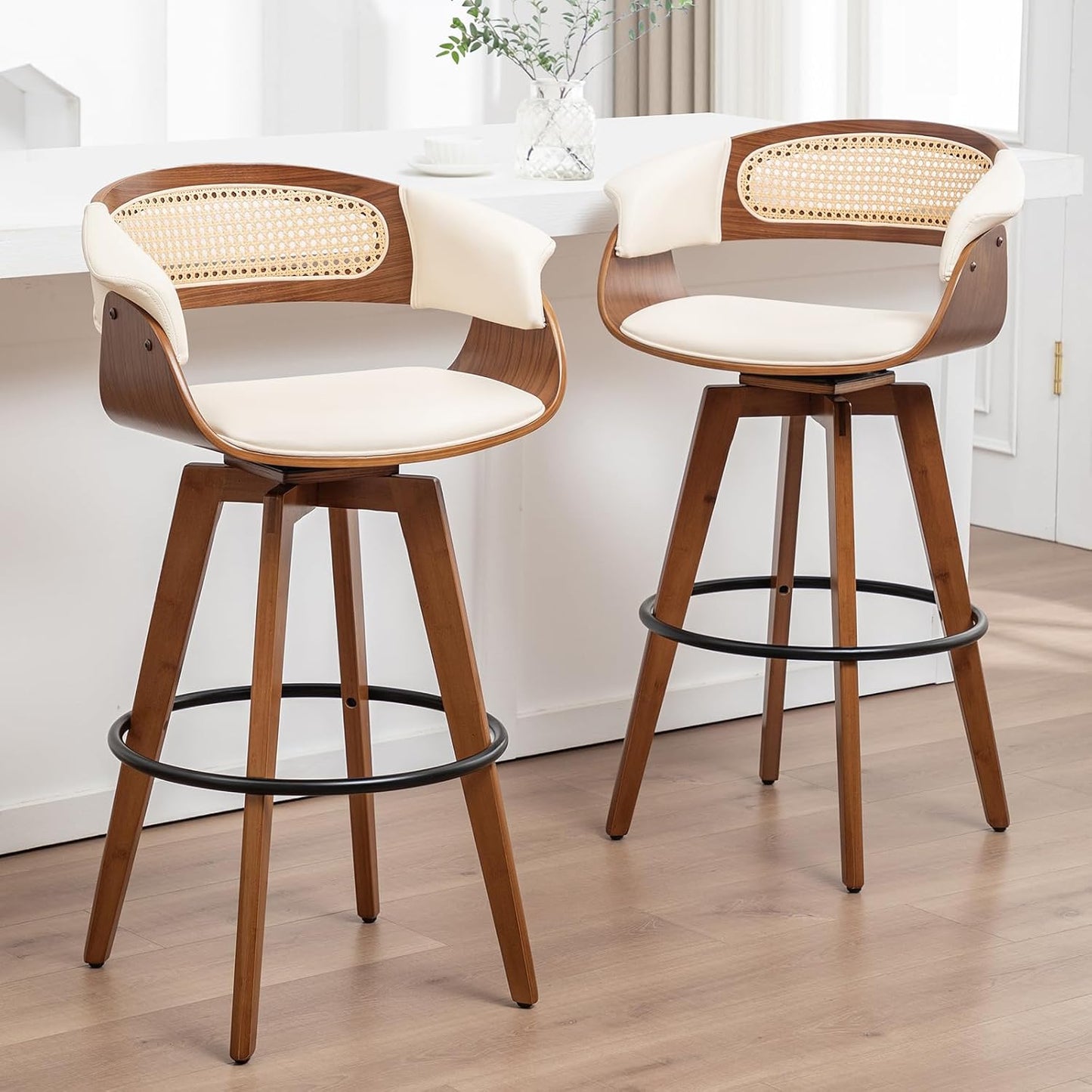Walnut Cane Swivel Counter Stools Green Faux Leather Mid Century Set of 2