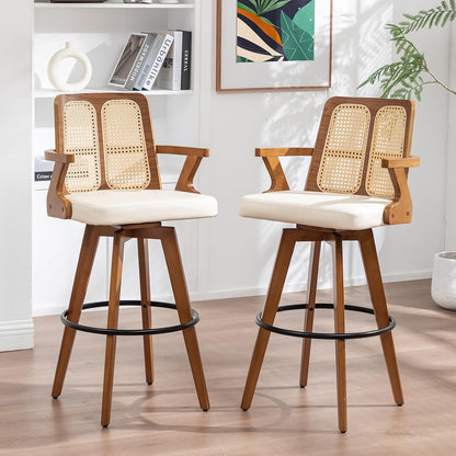 Walnut Rattan Swivel Bar Stools with Arms Beige Upholstered Seat Set of 2