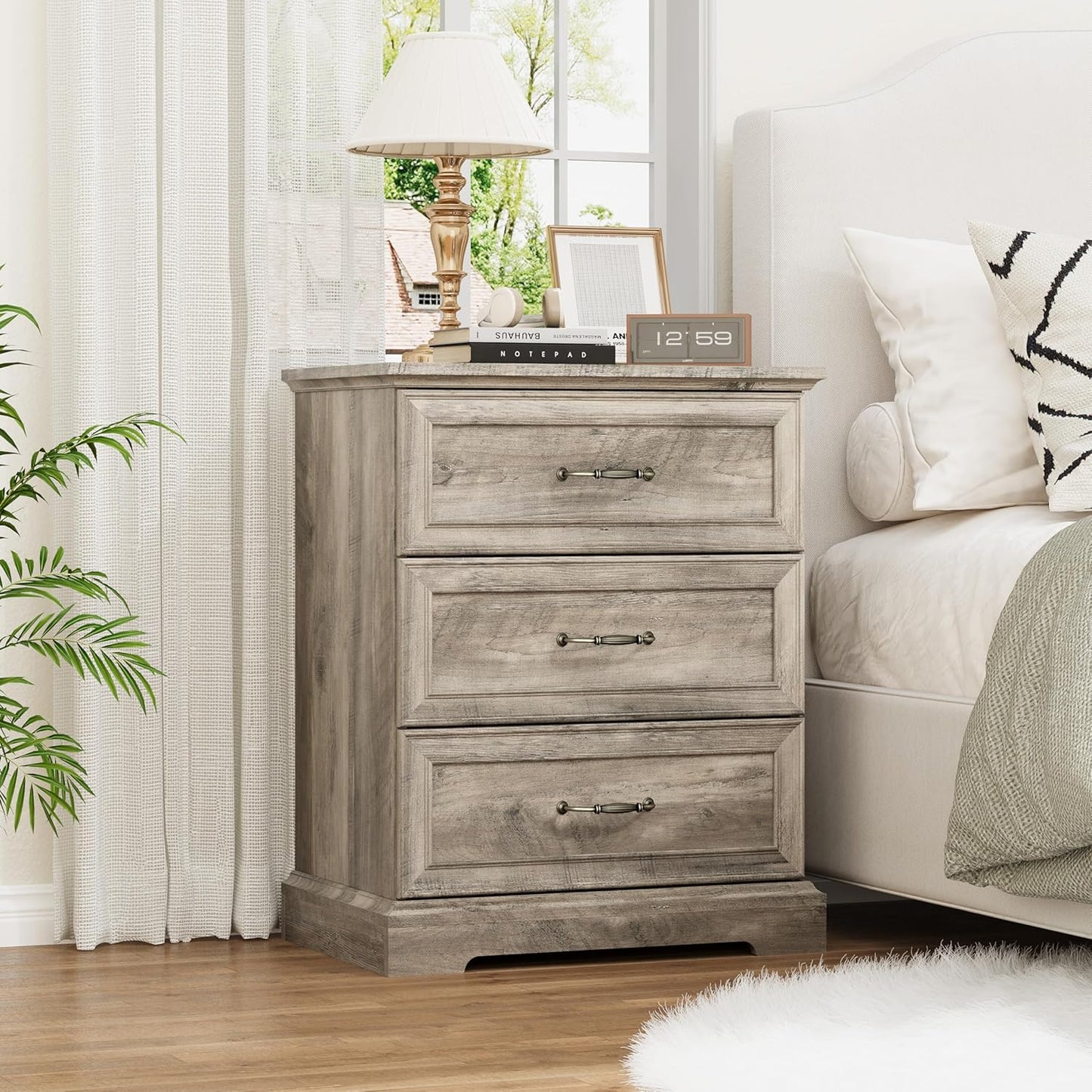 White Farmhouse Nightstand with 3 Drawers Wide Bedside Storage Table