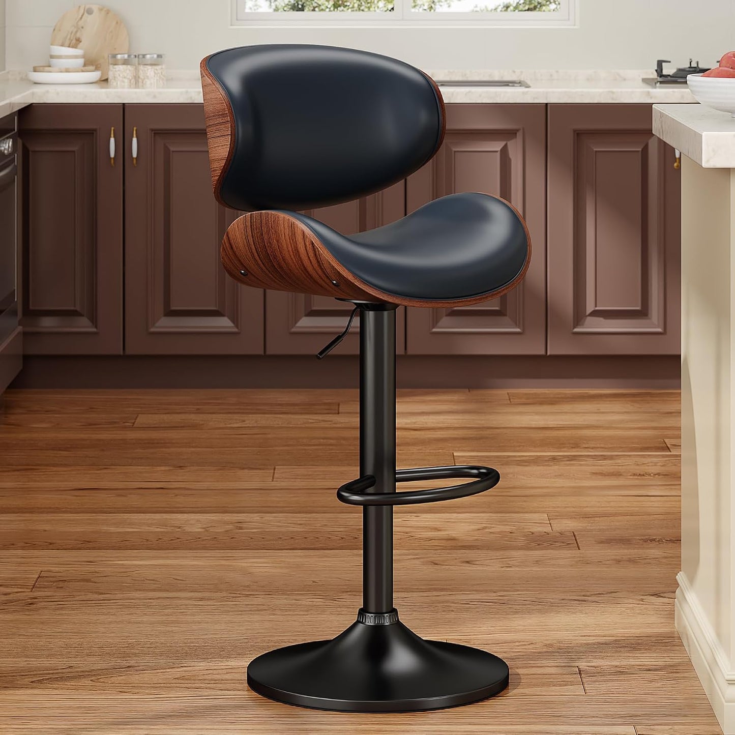 Adjustable Swivel Bar Stool Black PU Leather Walnut Bentwood Counter Chair