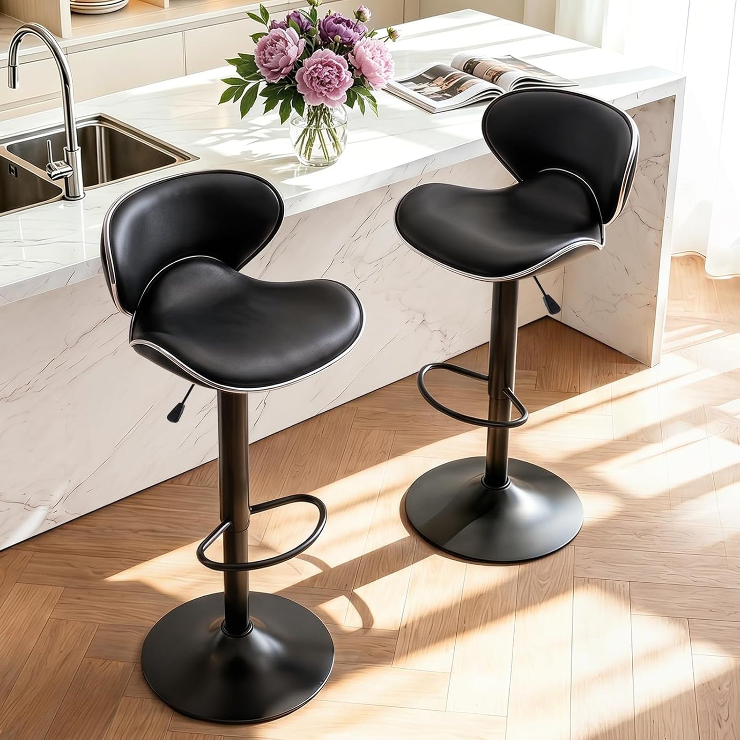 Blue Adjustable Bar Stools Set of 2 Modern Swivel Faux Leather Counter Chairs