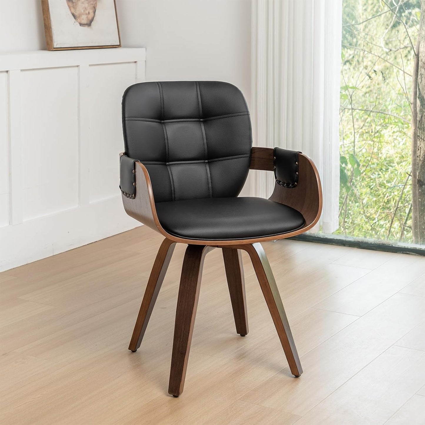 Walnut Brown Swivel Dining Chair with Arms Faux Leather Mid Century Chair
