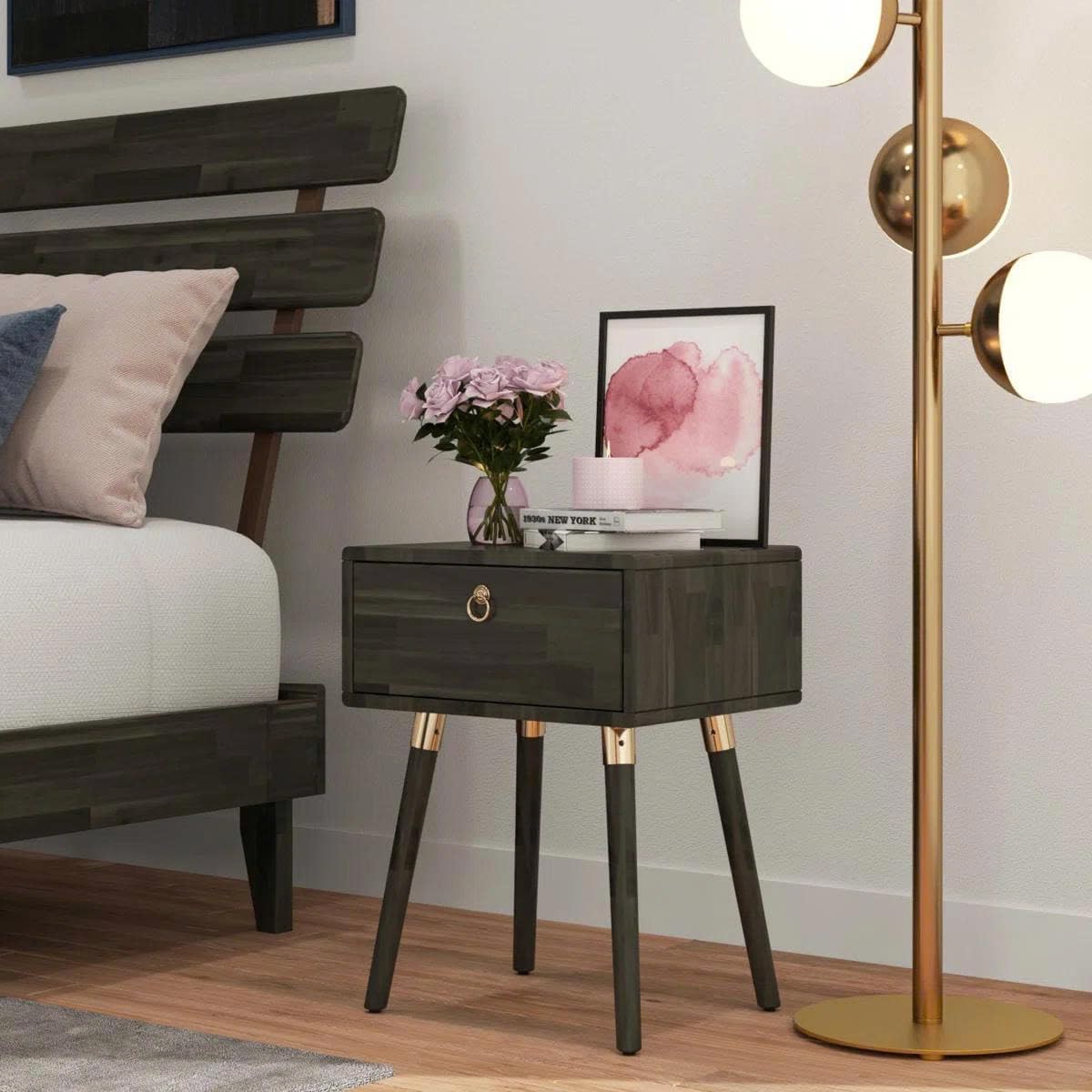 Solid Acacia Wood Nightstand with Drawer – Caramel Mid-Century Side Table