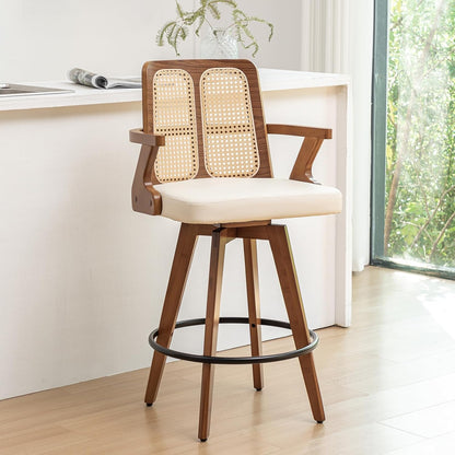 Walnut Rattan Swivel Counter Stool with Arms Green Upholstered Seat