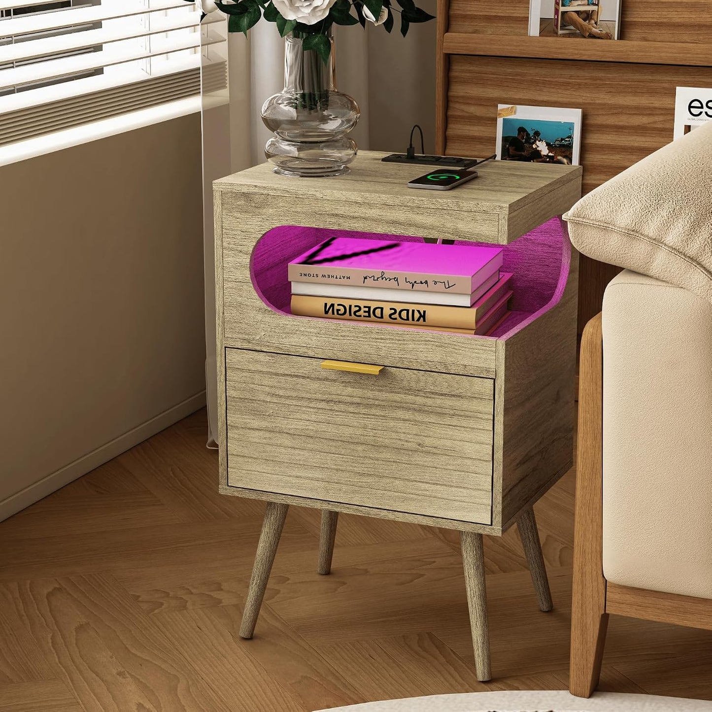 Modern Black Nightstand with Charging Station, LED Light & Storage Drawer