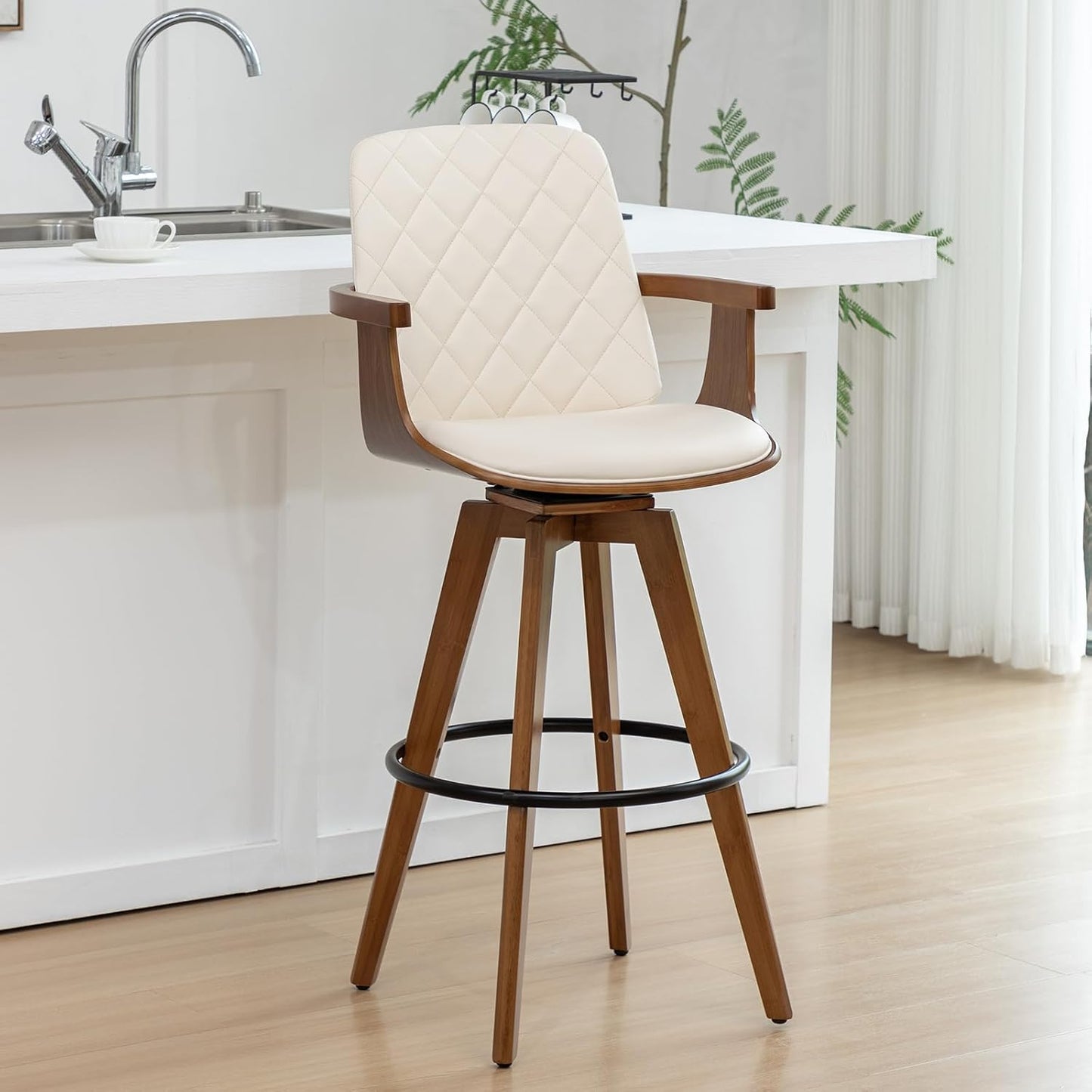 Walnut Swivel Bar Stool with Arms Beige Faux Leather Mid Century Chair